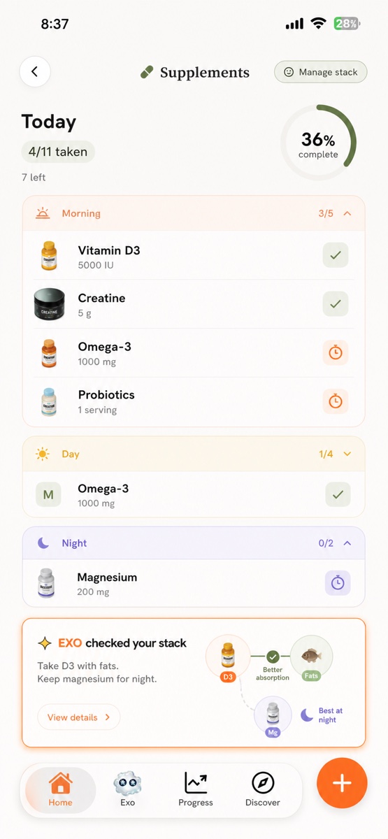 EXO supplement stack schedule and insight
